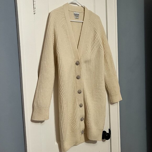 Ganni rib knit wool blend cardigan sweater in cream designer luxury neutral - Picture 3 of 13